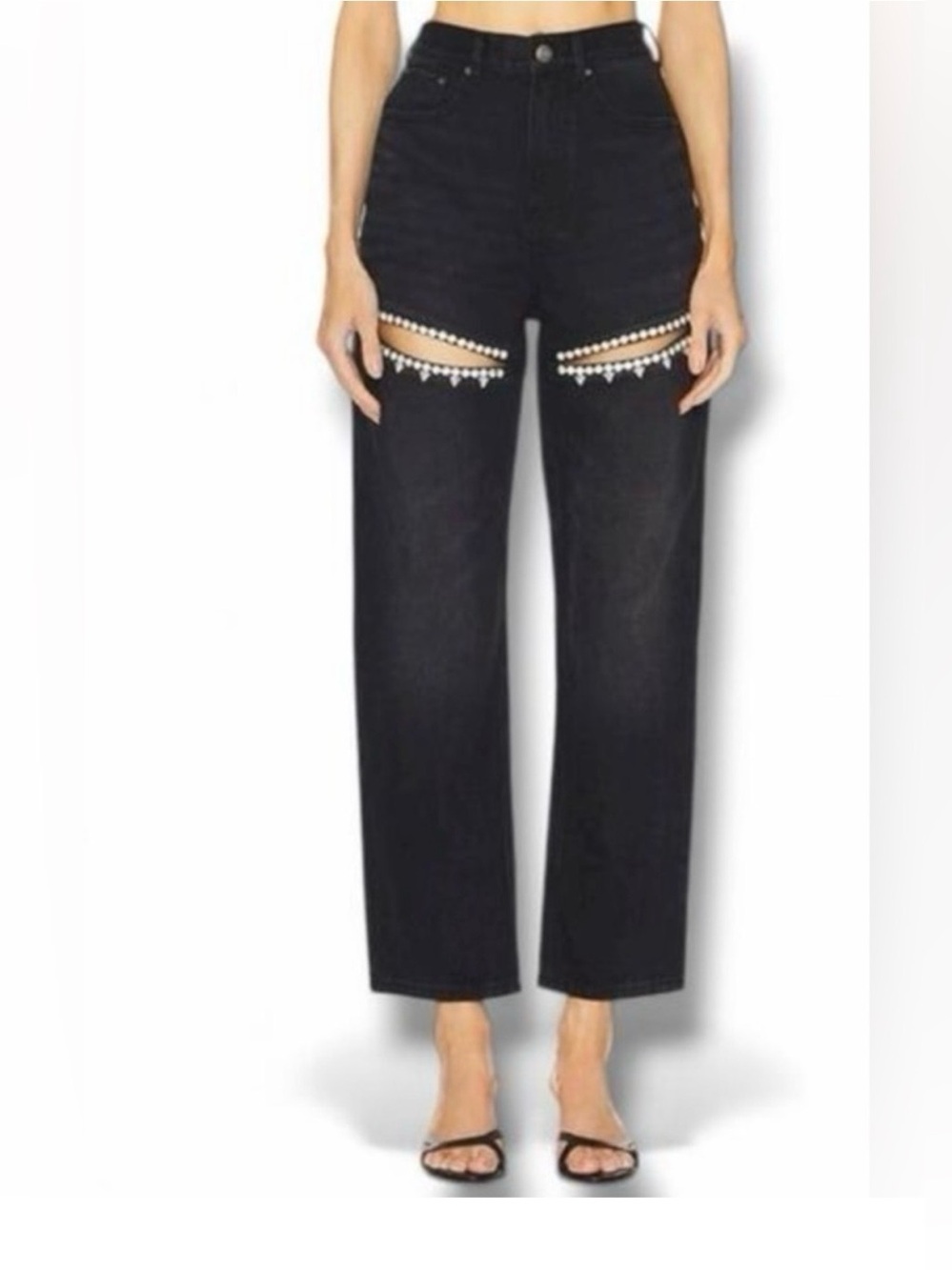 NWT Torn by Ronny Kobo Mariah High-Rise Black Jeans w/Rhinestone crystal Cutouts